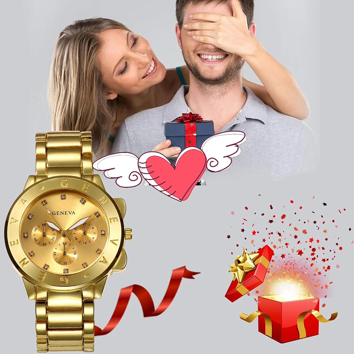 JewelryWe Mens Gold Tone Watch Stainless Steel Round 3 Eyes Quartz Watch, for Valentine’s Day