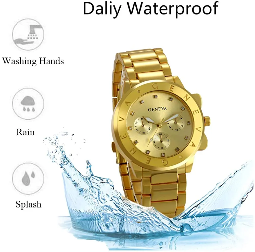 JewelryWe Mens Gold Tone Watch Stainless Steel Round 3 Eyes Quartz Watch, for Valentine’s Day