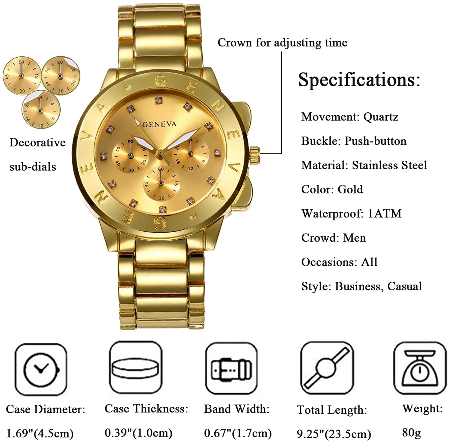 JewelryWe Mens Gold Tone Watch Stainless Steel Round 3 Eyes Quartz Watch, for Valentine’s Day