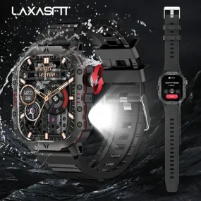 LAXASFIT New Rugged Outdoor Sports LED Flashlight Smart Watch Android IOS IP68 Waterproof Sporty Bluetooth Voice Call SmartWatch