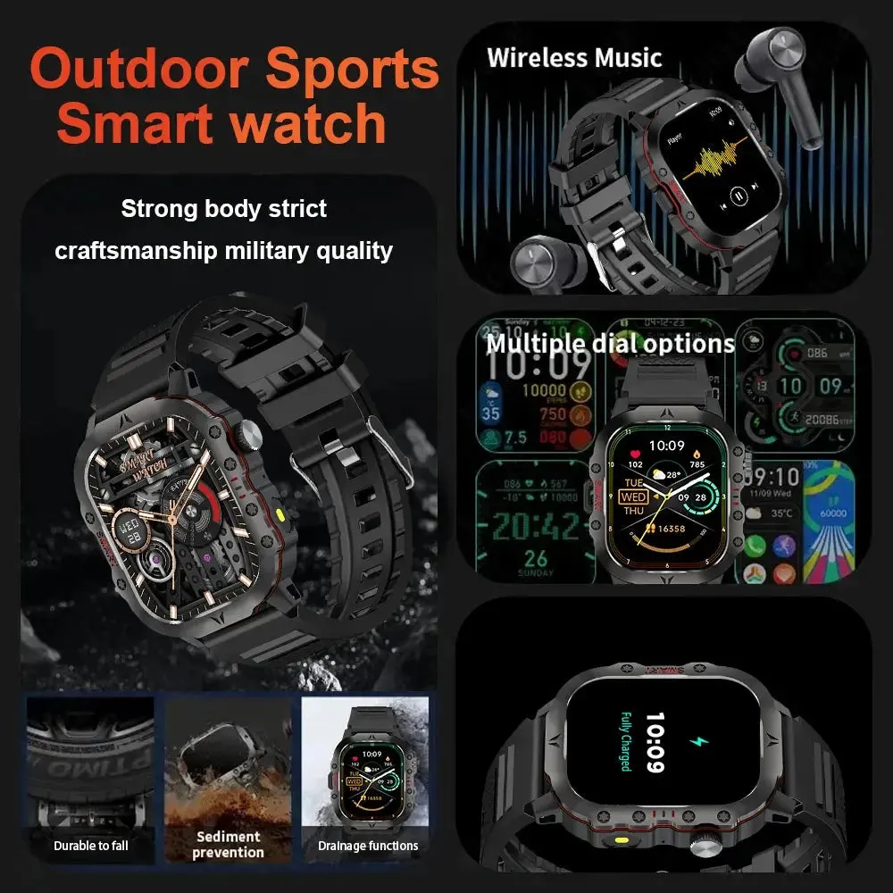 LAXASFIT New Rugged Outdoor Sports LED Flashlight Smart Watch Android IOS IP68 Waterproof Sporty Bluetooth Voice Call SmartWatch