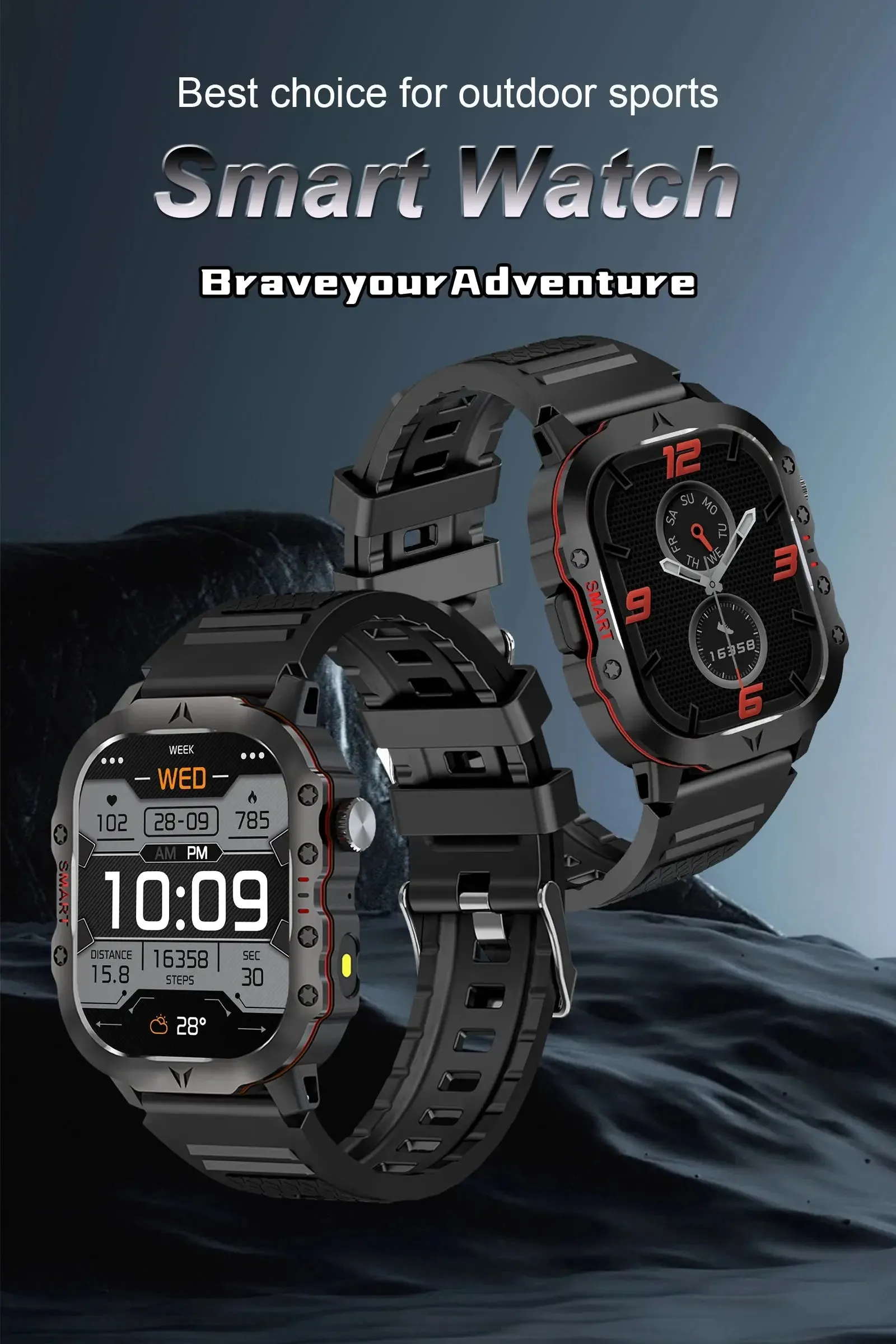 LAXASFIT New Rugged Outdoor Sports LED Flashlight Smart Watch Android IOS IP68 Waterproof Sporty Bluetooth Voice Call SmartWatch