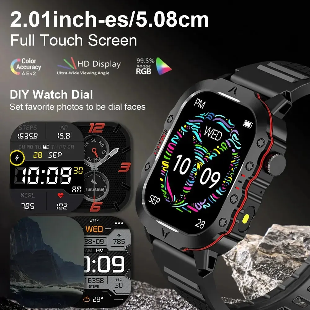 LAXASFIT New Rugged Outdoor Sports LED Flashlight Smart Watch Android IOS IP68 Waterproof Sporty Bluetooth Voice Call SmartWatch