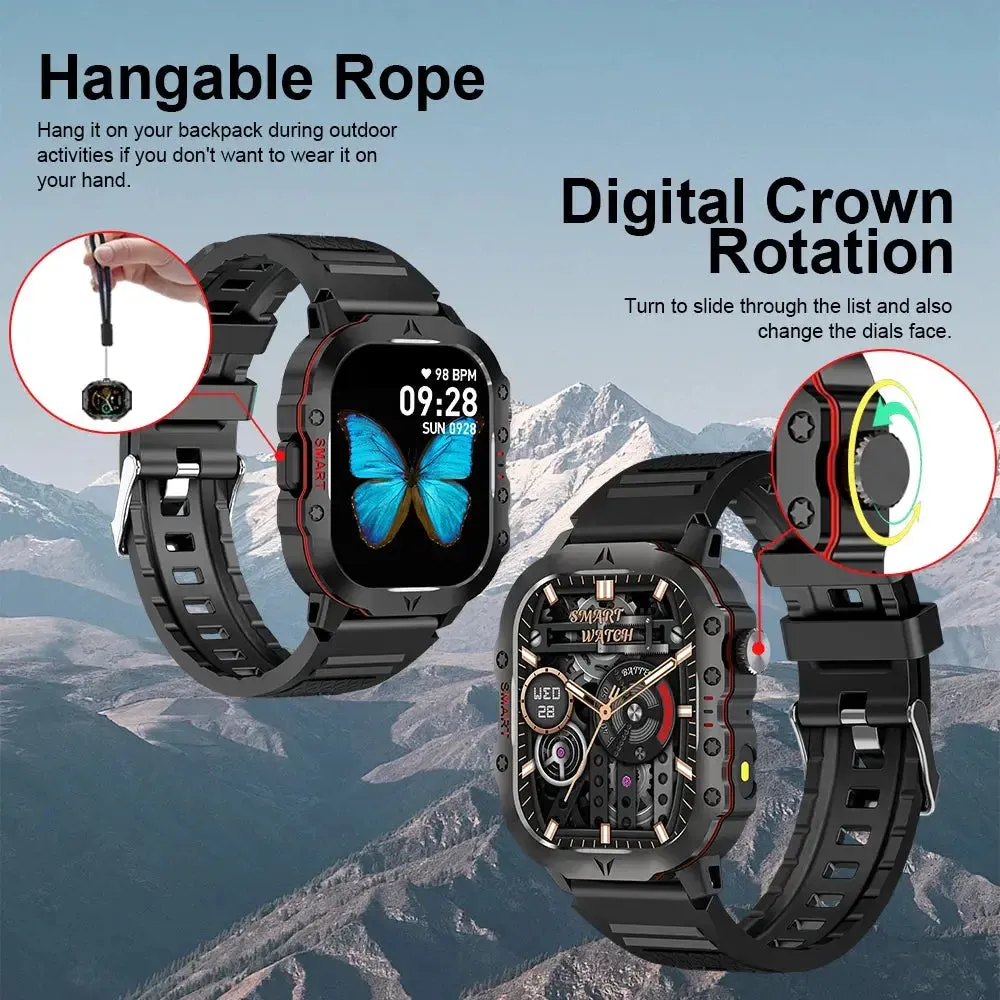 LAXASFIT New Rugged Outdoor Sports LED Flashlight Smart Watch Android IOS IP68 Waterproof Sporty Bluetooth Voice Call SmartWatch