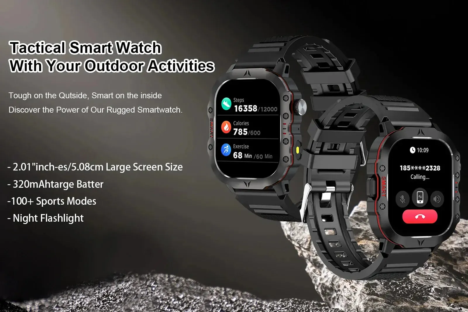 LAXASFIT New Rugged Outdoor Sports LED Flashlight Smart Watch Android IOS IP68 Waterproof Sporty Bluetooth Voice Call SmartWatch