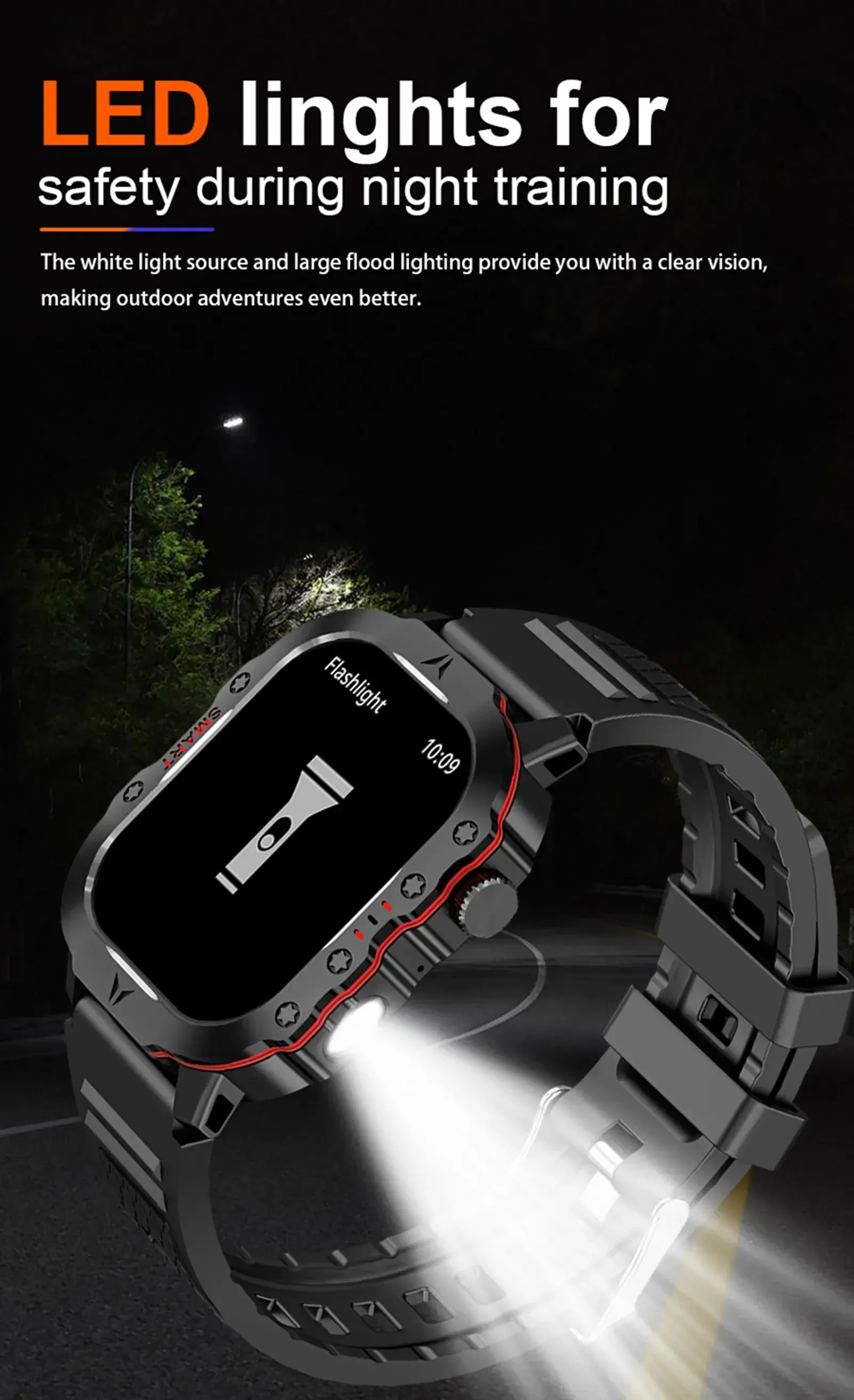 LAXASFIT New Rugged Outdoor Sports LED Flashlight Smart Watch Android IOS IP68 Waterproof Sporty Bluetooth Voice Call SmartWatch