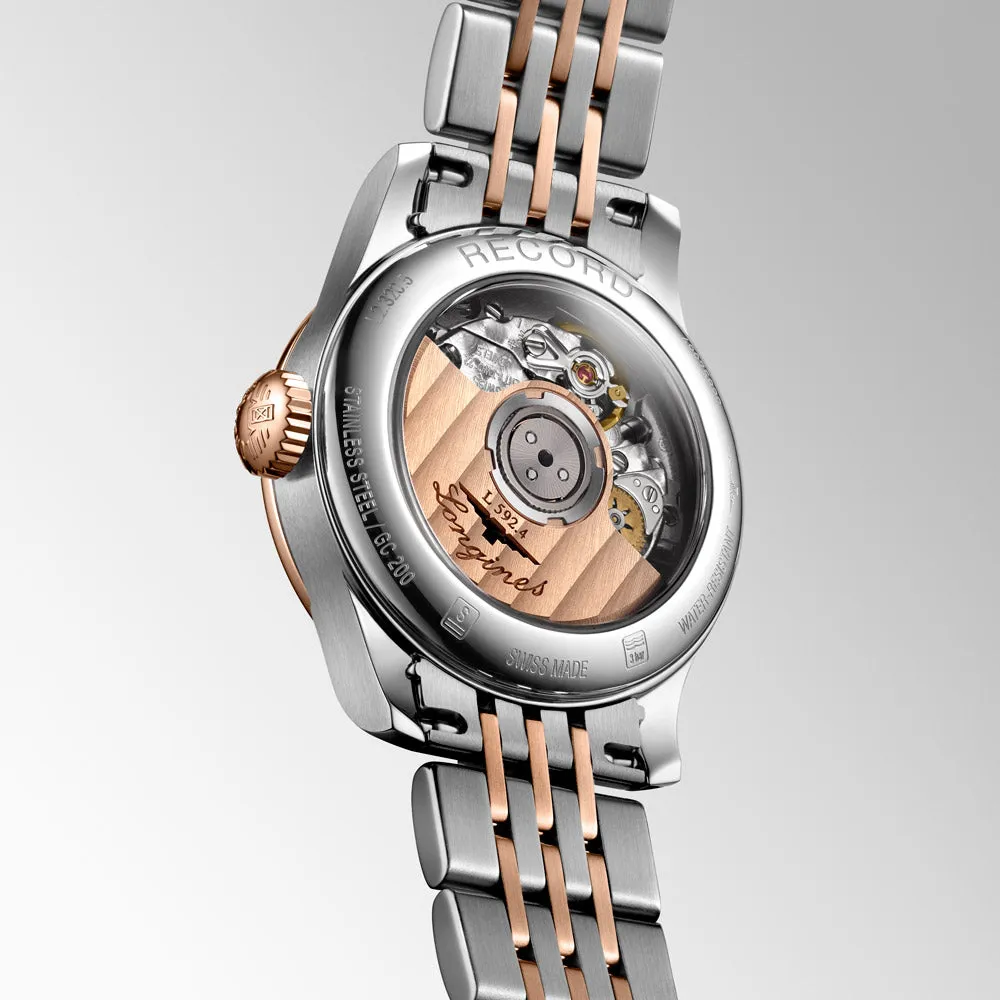 Longines Record 26mm MOP Diamond Dot Dial 18ct Rose Gold Capped Steel Automatic Ladies Watch L2.320.5.87.7