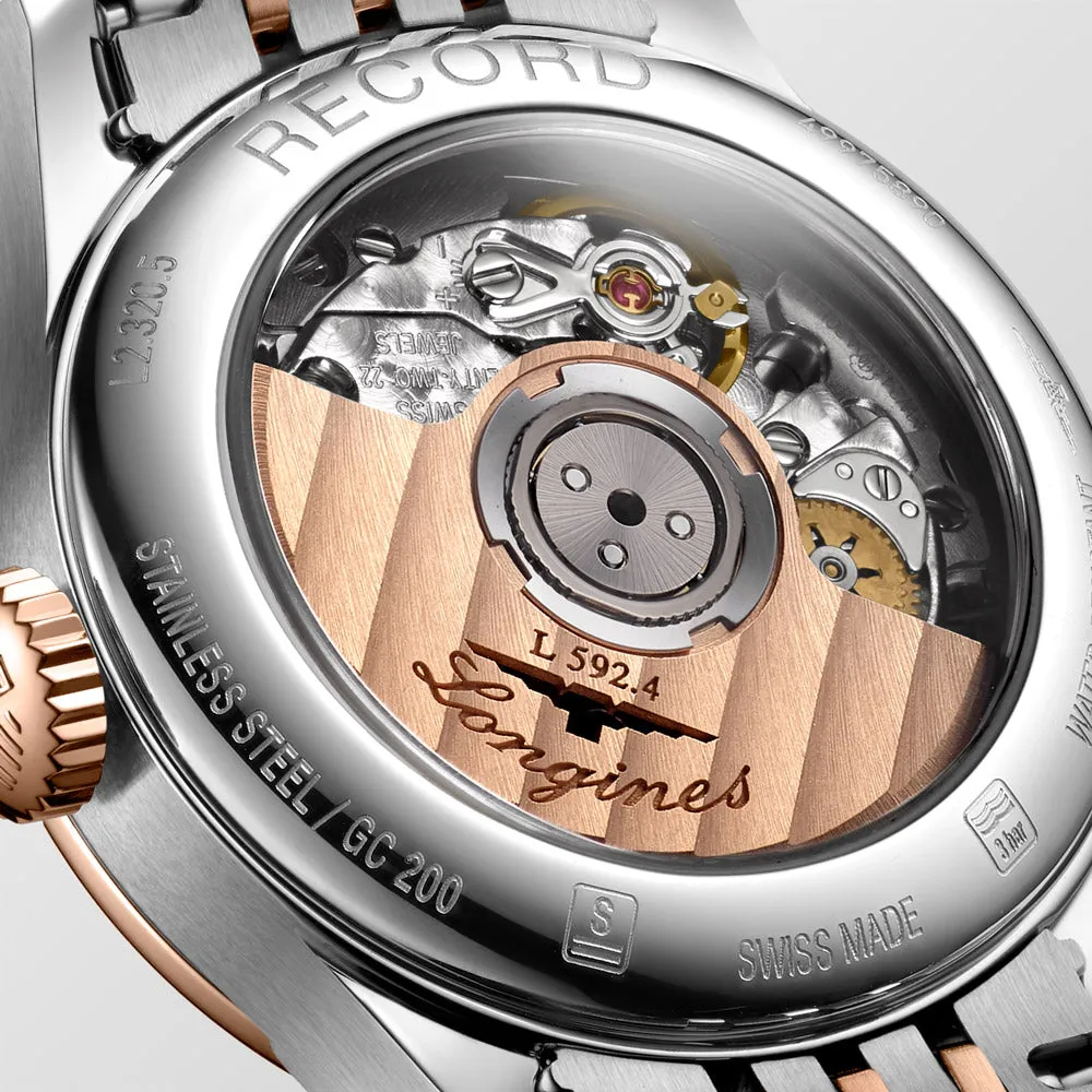 Longines Record 26mm MOP Diamond Dot Dial 18ct Rose Gold Capped Steel Automatic Ladies Watch L2.320.5.87.7