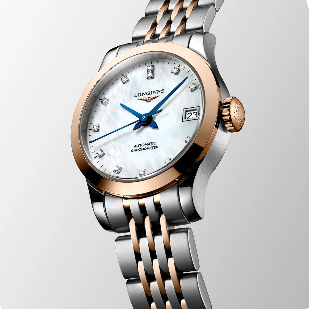 Longines Record 26mm MOP Diamond Dot Dial 18ct Rose Gold Capped Steel Automatic Ladies Watch L2.320.5.87.7