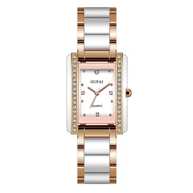 Luxury White Rectangle Diamond Waterproof Watch