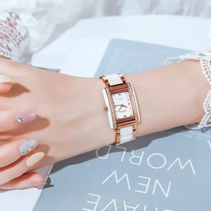 Luxury White Rectangle Diamond Waterproof Watch