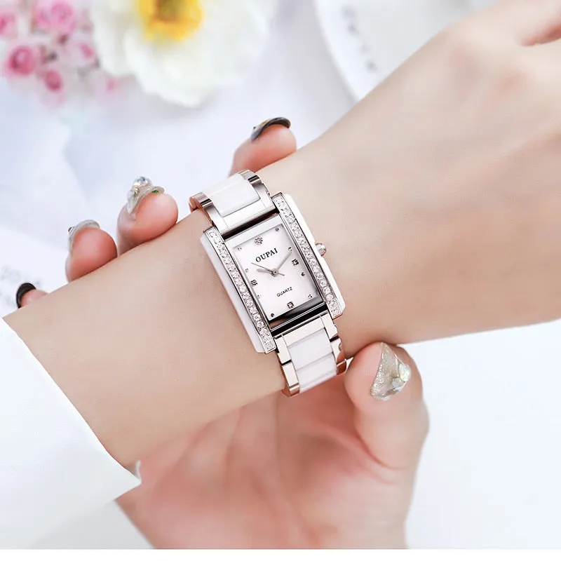 Luxury White Rectangle Diamond Waterproof Watch