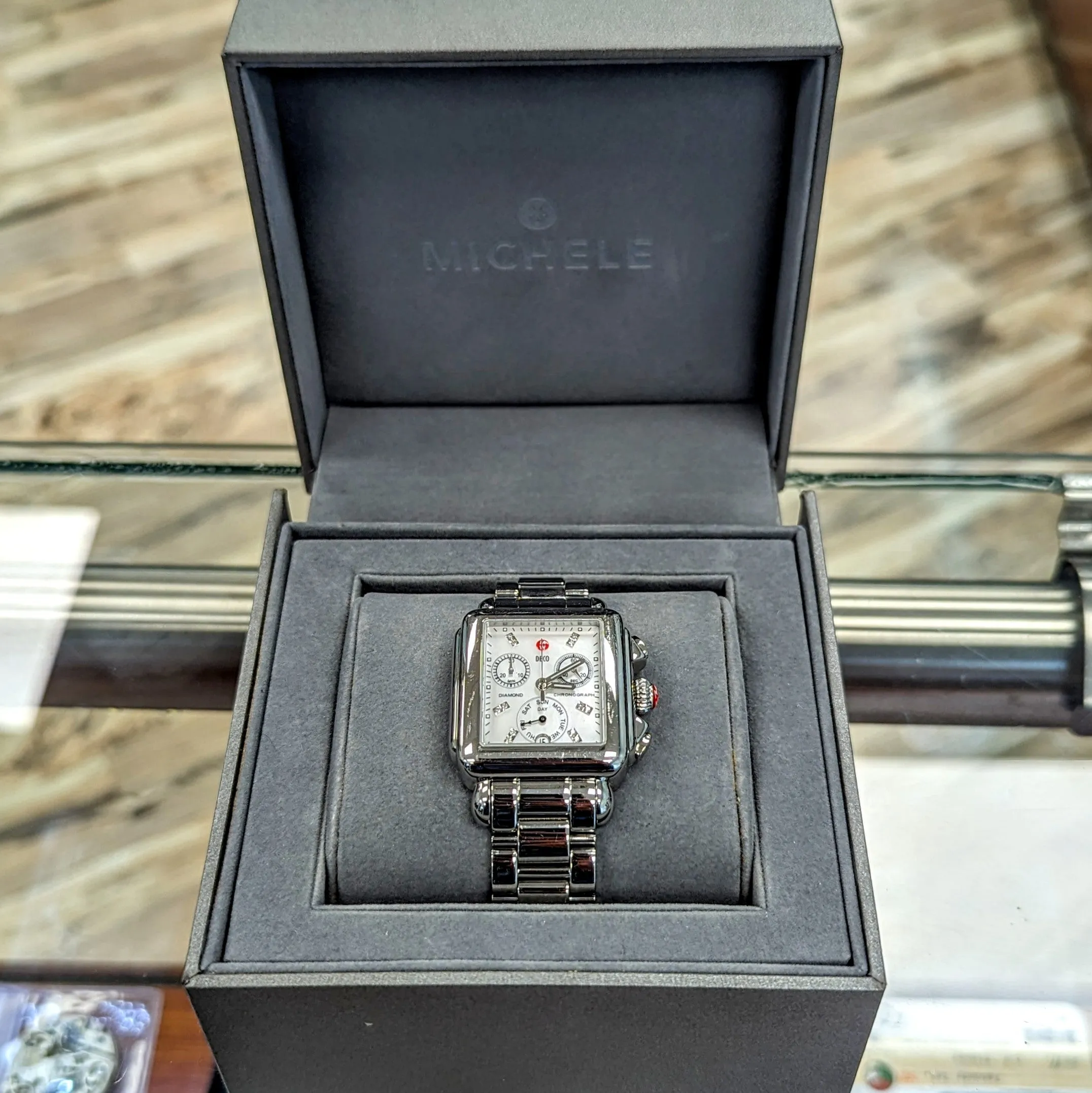 MICHELE Deco Diamond Chronograph Watch MOP Dial Ref. MW06P00A0046 - ALL Original in Box!