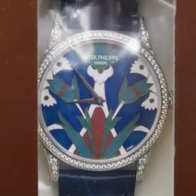 Patek Philippe Rare Handcrafts 'Turkish Motifs Petals & Harmonies' Automatic Diamond Blue Dial Ladies Watch 5077-100G-018