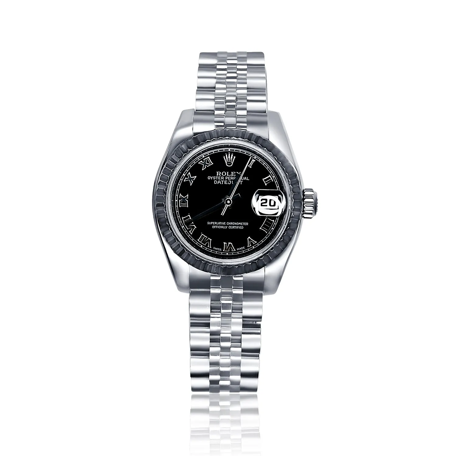 Pre-Owned Rolex Datejust with Black Roman Dial and Fluted Bezel Stainless Steel