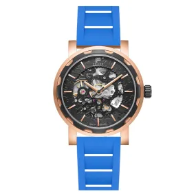 PUNCH Mens Watch, Rose Gold & Black Skeleton Automatic Watch - Blue Rubber Strap