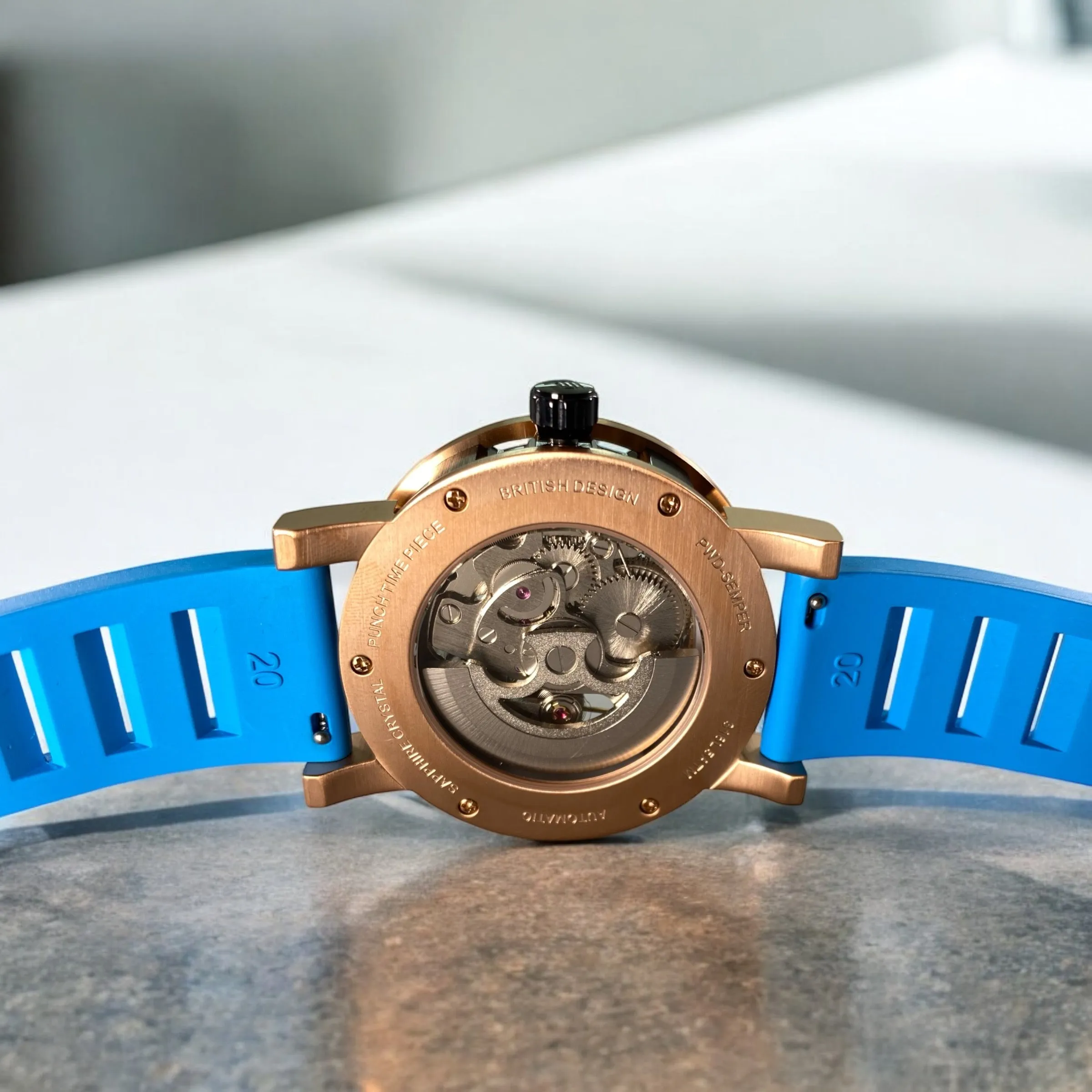 PUNCH Mens Watch, Rose Gold & Black Skeleton Automatic Watch - Blue Rubber Strap