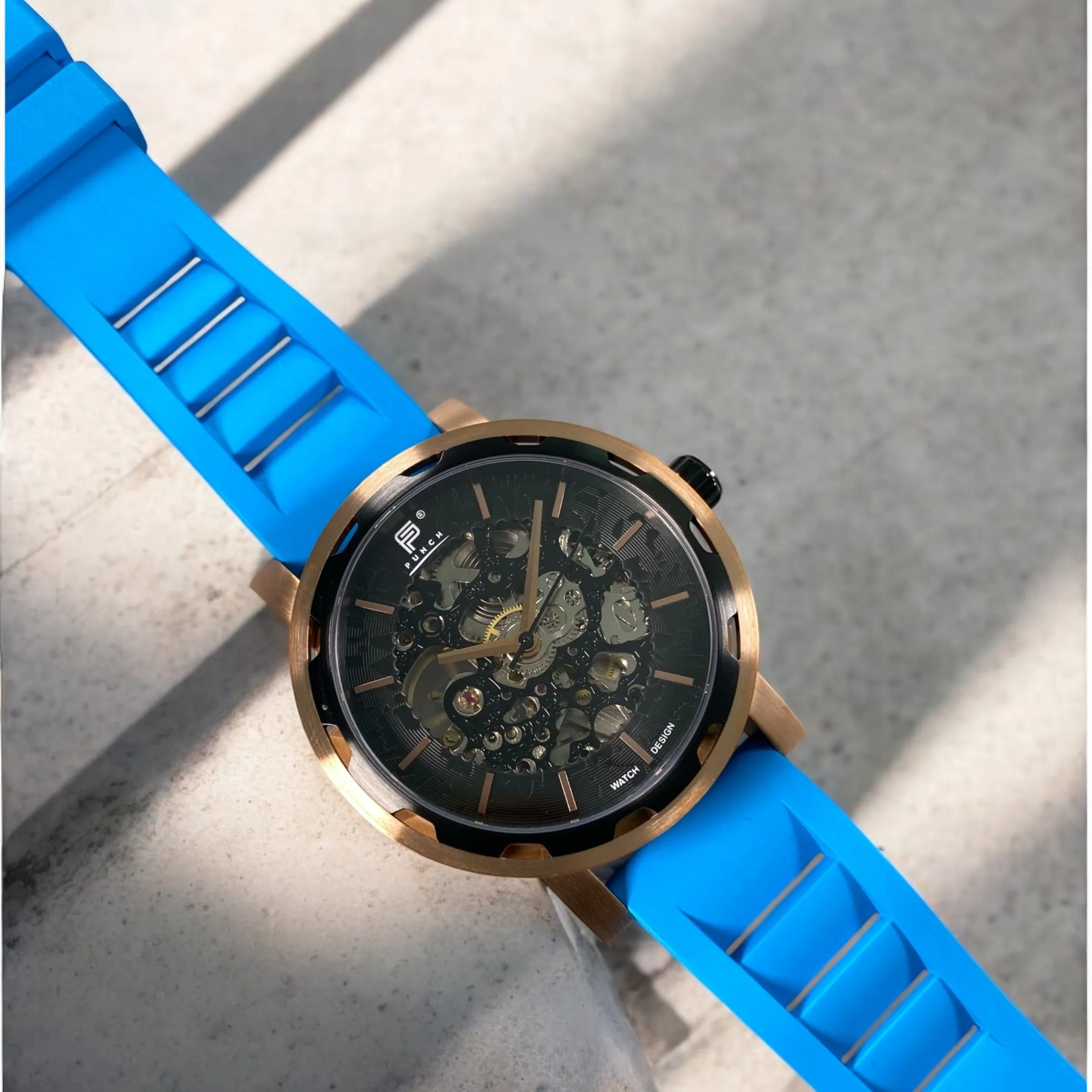 PUNCH Mens Watch, Rose Gold & Black Skeleton Automatic Watch - Blue Rubber Strap