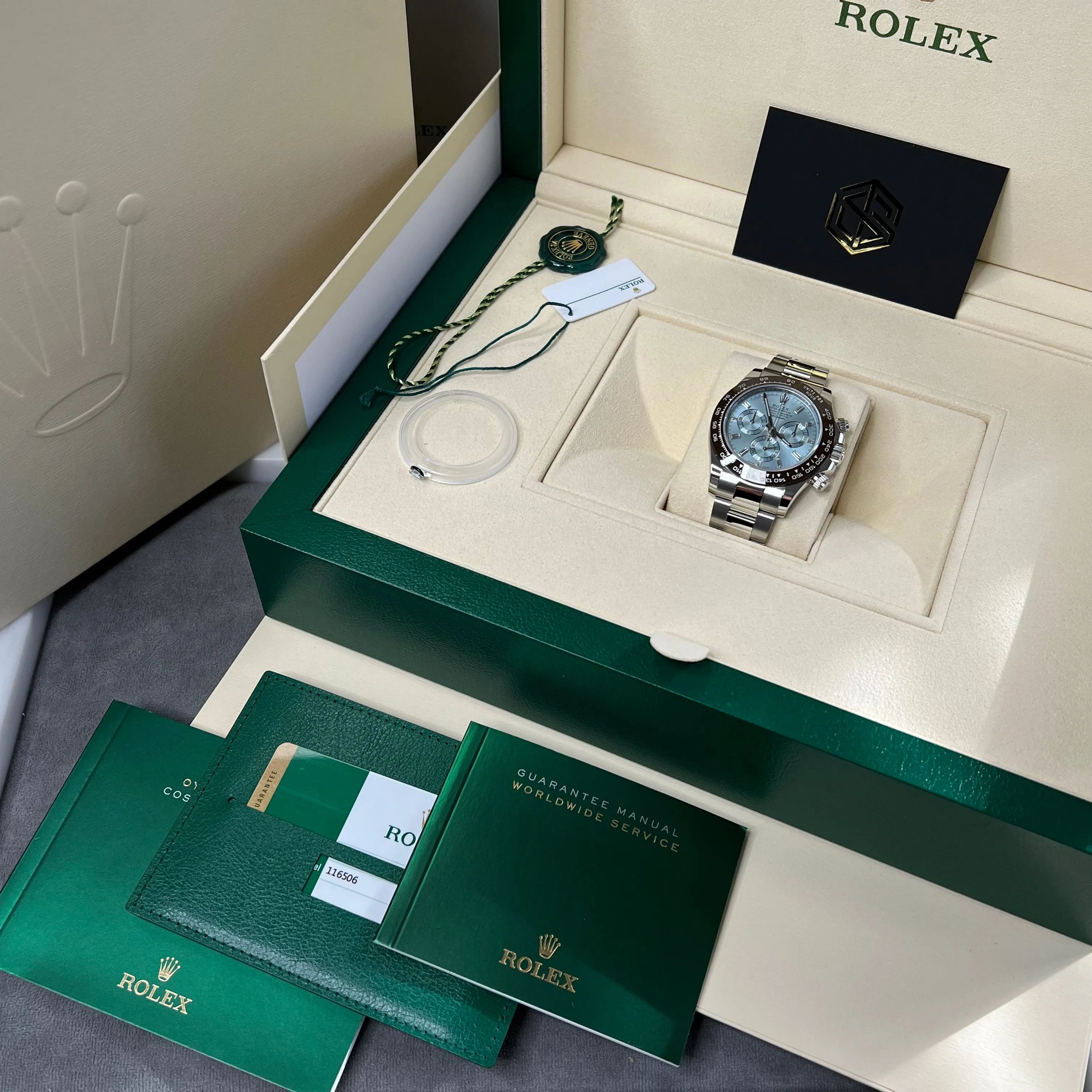 Rolex Cosmograph Daytona Platinum Diamond Baguette Dial 116506 2017 Full Set UK Watch
