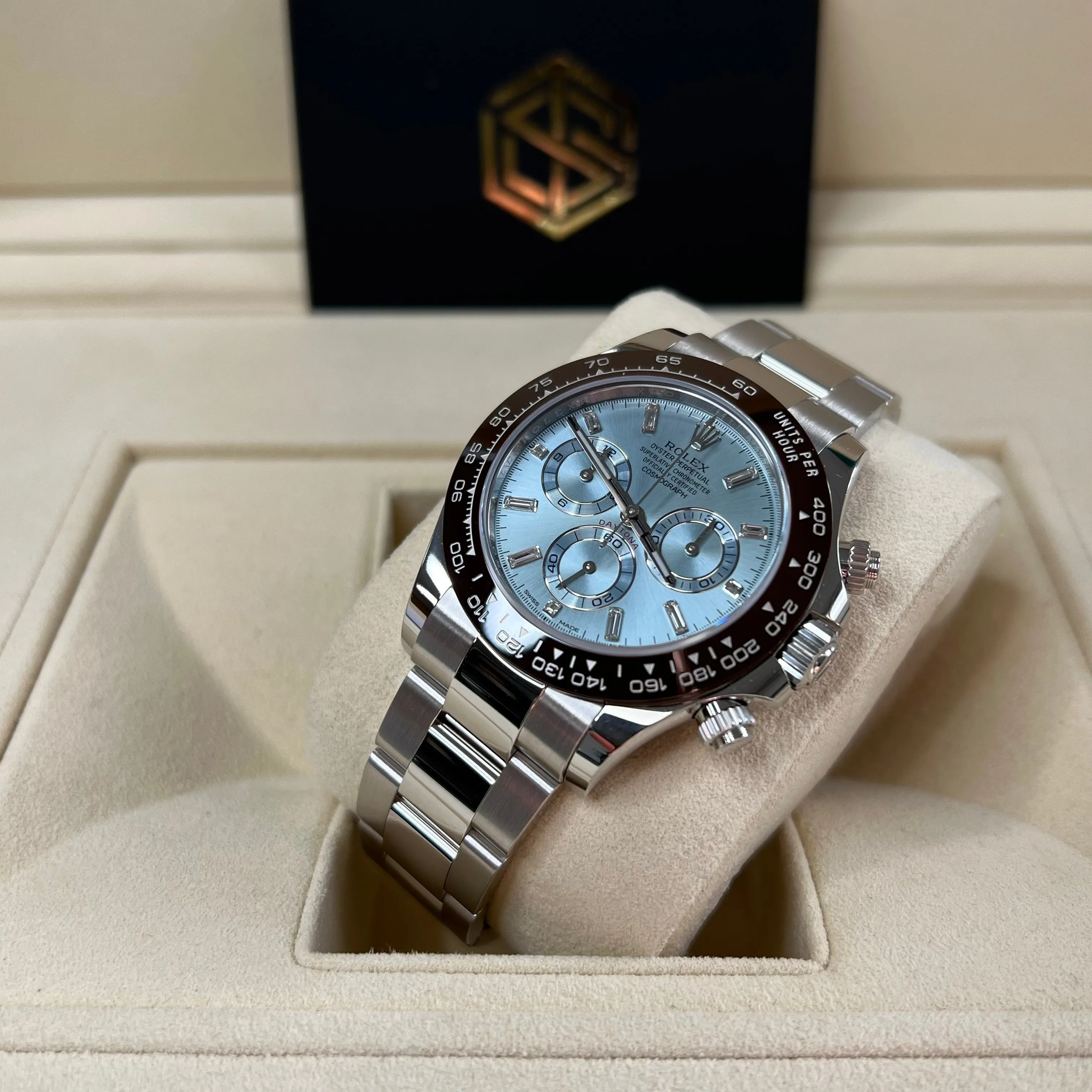Rolex Cosmograph Daytona Platinum Diamond Baguette Dial 116506 2017 Full Set UK Watch