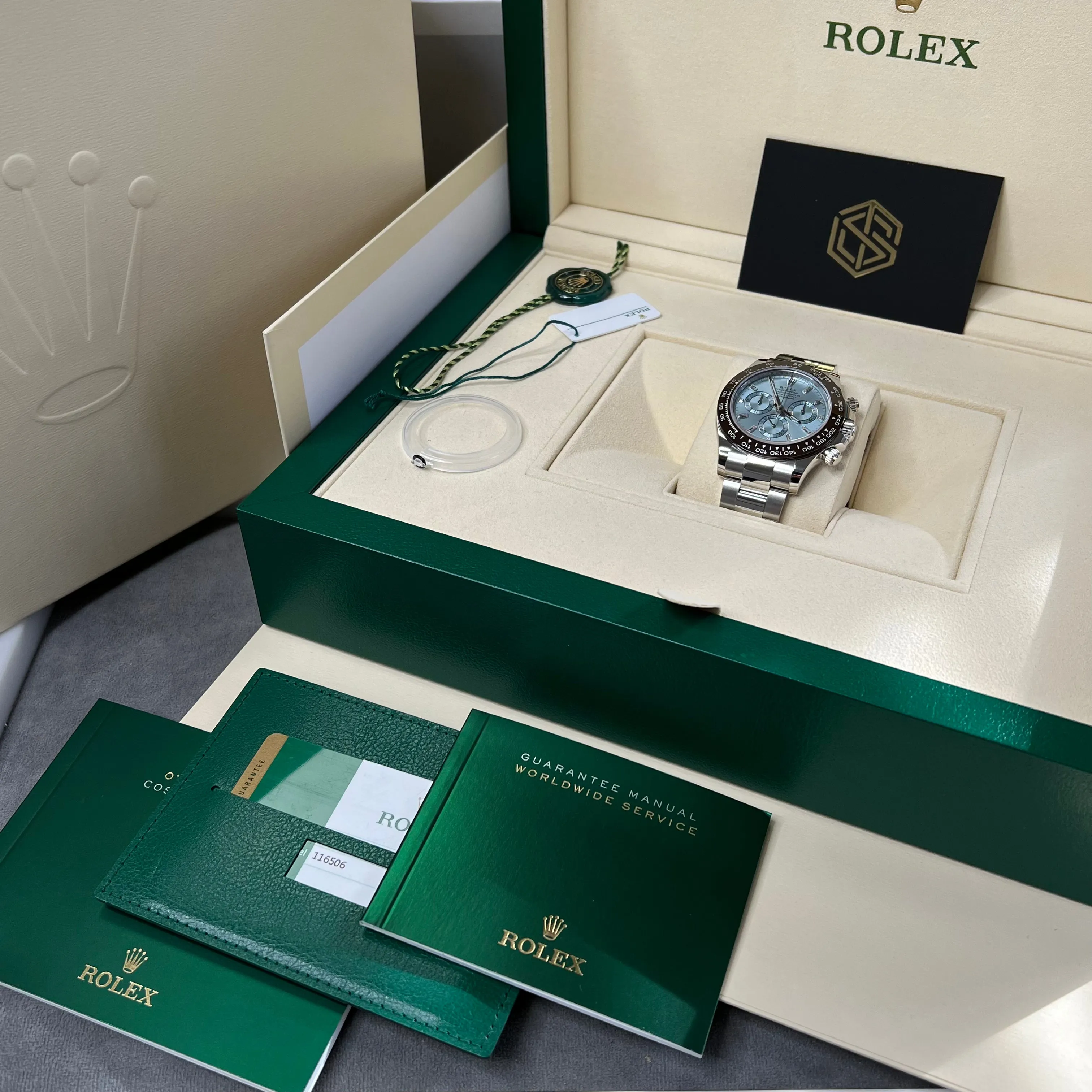 Rolex Cosmograph Daytona Platinum Diamond Baguette Dial 116506 2017 Full Set UK Watch