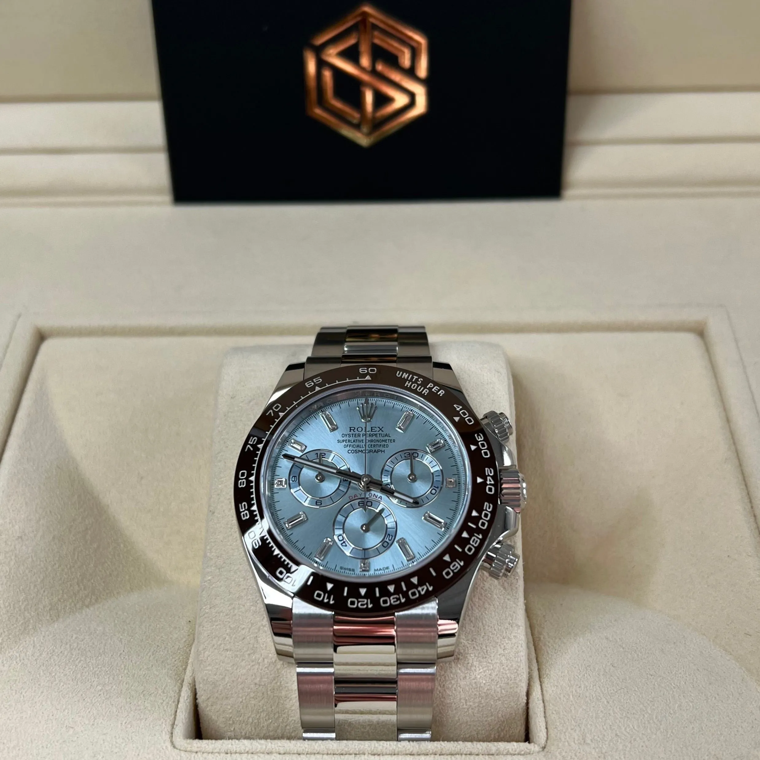 Rolex Cosmograph Daytona Platinum Diamond Baguette Dial 116506 2017 Full Set UK Watch
