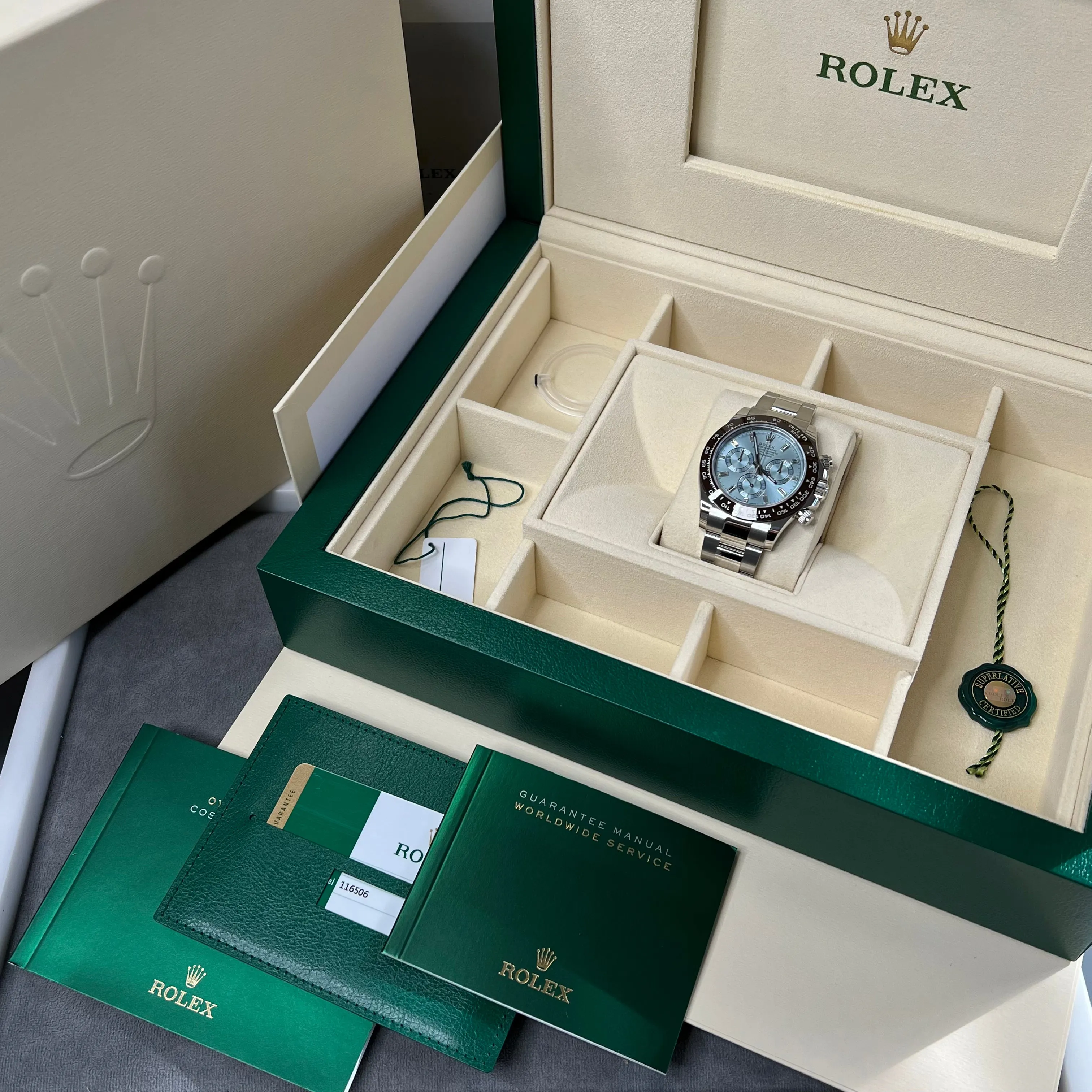 Rolex Cosmograph Daytona Platinum Diamond Baguette Dial 116506 2017 Full Set UK Watch