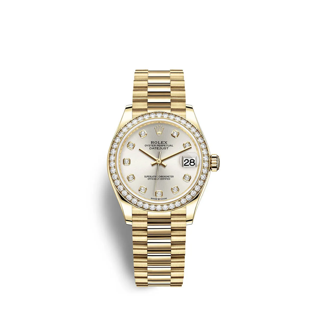 Rolex Datejust 31 Automatic Silver Diamond Dial Ladies 18kt Yellow Gold President Watch 278288SDP