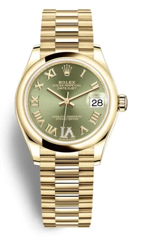 Rolex Datejust 31 Olive Green Dial Automatic Ladies 18kt Yellow Gold President Watch 278248GNRDP