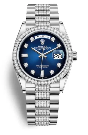 Rolex Day-Date 36 Blue Diamond Dial 18kt White Gold President Watch 128349BLDDP