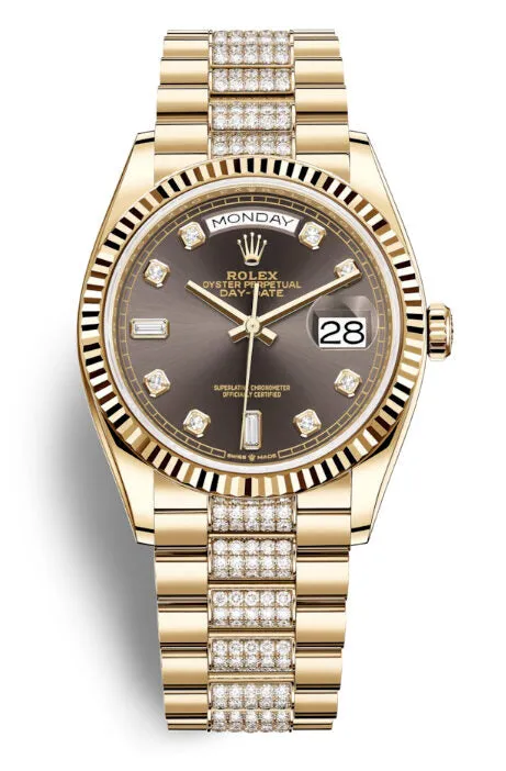 Rolex Day-Date 36 Dark Grey Dial 18kt Yellow Gold Diamond-Set President Watch 128238CSDP 128238GYDDP