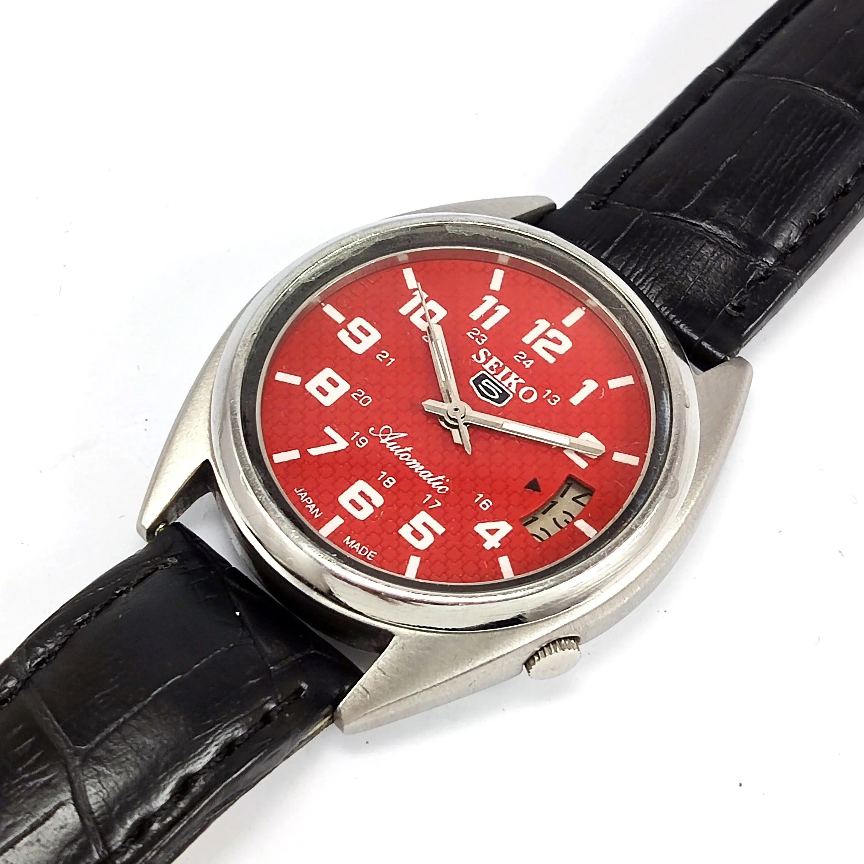 Seiko 5 Automatic-7009A Red Dial 17Jewels Day Date Men's Wrist Mechanical Watch