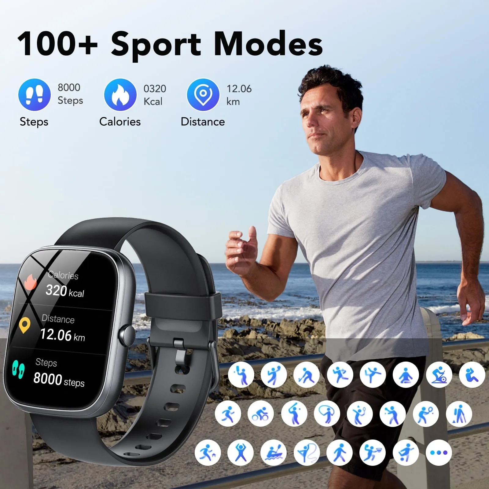 Smart Watch for Android and iPhone, IP68 Waterproof Smartwatch for Women Men 100  Sports Modes 1.91-inch Fitness Tracker, Smart Watch with Bluetooth Call(Answer/Make Calls), for Gift Black