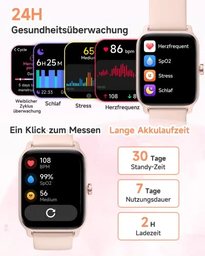 Smartwatch Damen mit Telefonfunktion 1.8" Alexa Integriert Herren Fitnessuhr 100  Sportmodi, Pulsmesser SpO2 Stress Ein-klick Messen, Schlafmonitor, IP68, Sport Auto Identifizierung für IOS/Android