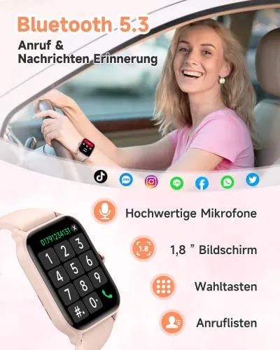 Smartwatch Damen mit Telefonfunktion 1.8" Alexa Integriert Herren Fitnessuhr 100  Sportmodi, Pulsmesser SpO2 Stress Ein-klick Messen, Schlafmonitor, IP68, Sport Auto Identifizierung für IOS/Android