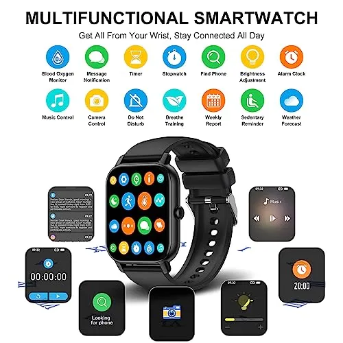 Smartwatch für Damen Herren, 1,85 Zoll Touchscreen Smart Watch mit Bluetooth Anrufe, IP68 Wasserdicht Fitnessuhr mit Herzfrequenzmonitor Schlafmonitor Schrittzähler, Sportuhr für iOS Android, Schwarz