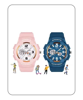 Spiky Round Sports Dual Time Kids Watches Combo - Pink & Blue