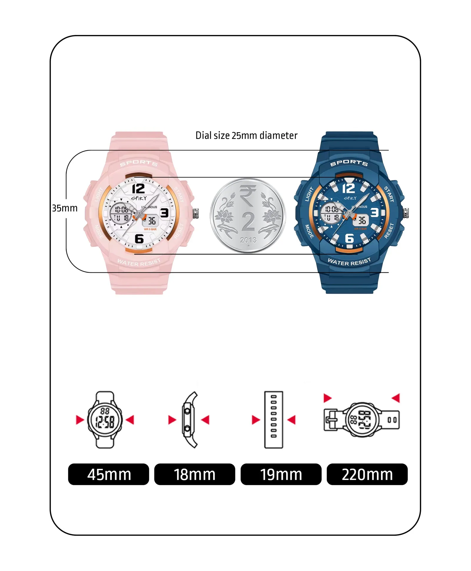 Spiky Round Sports Dual Time Kids Watches Combo - Pink & Blue