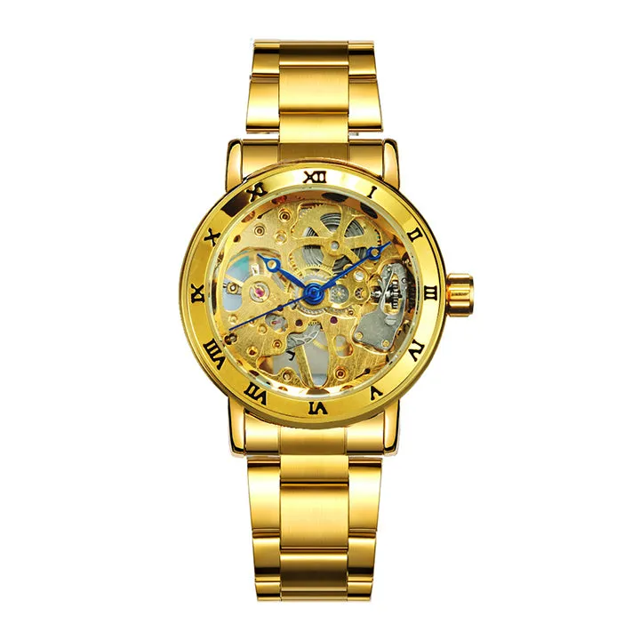 WINNER Official Skeleton Watch Women Top Luxury Brand Automatic Mechanical Watches Golden Steel Strap Elegant Dress Lady Clock