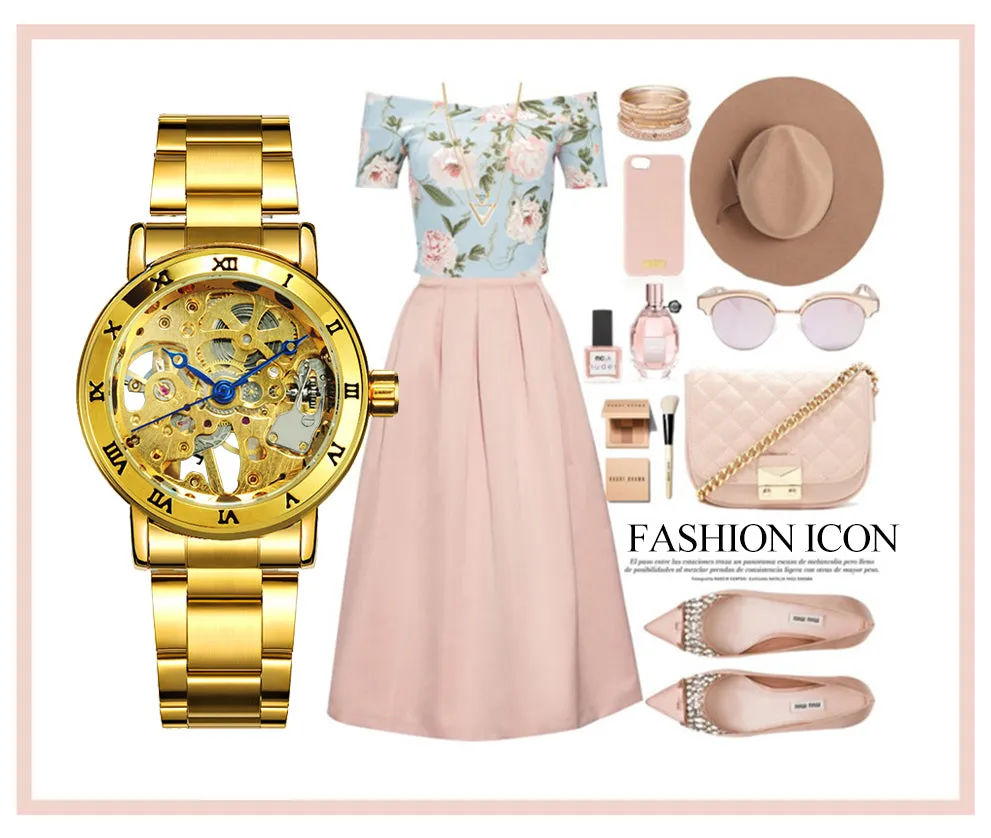 WINNER Official Skeleton Watch Women Top Luxury Brand Automatic Mechanical Watches Golden Steel Strap Elegant Dress Lady Clock