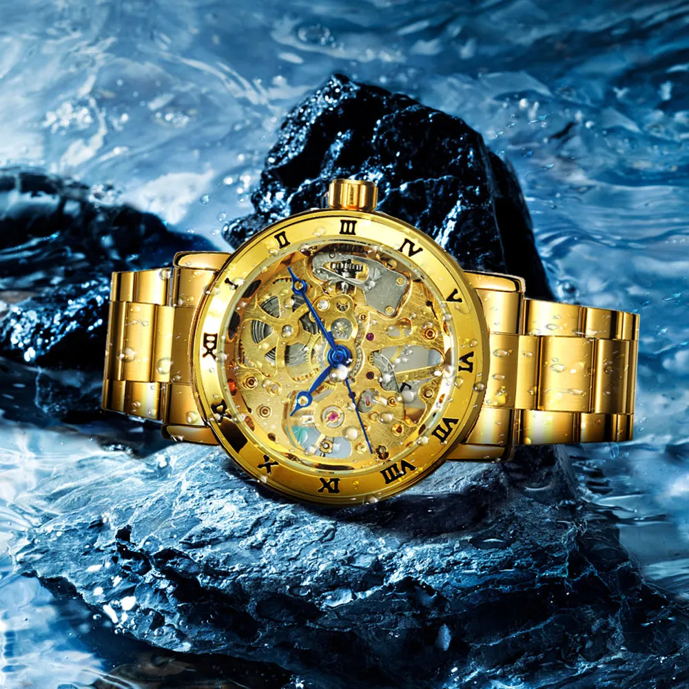 WINNER Official Skeleton Watch Women Top Luxury Brand Automatic Mechanical Watches Golden Steel Strap Elegant Dress Lady Clock