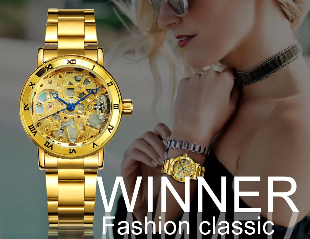WINNER Official Skeleton Watch Women Top Luxury Brand Automatic Mechanical Watches Golden Steel Strap Elegant Dress Lady Clock