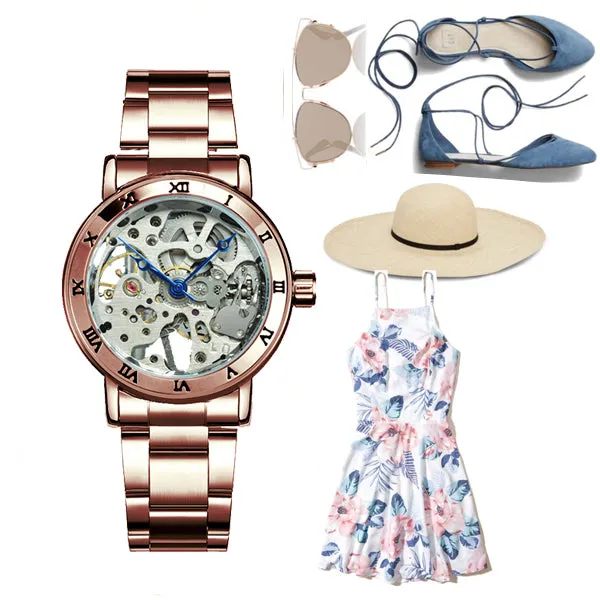 WINNER Official Skeleton Watch Women Top Luxury Brand Automatic Mechanical Watches Golden Steel Strap Elegant Dress Lady Clock