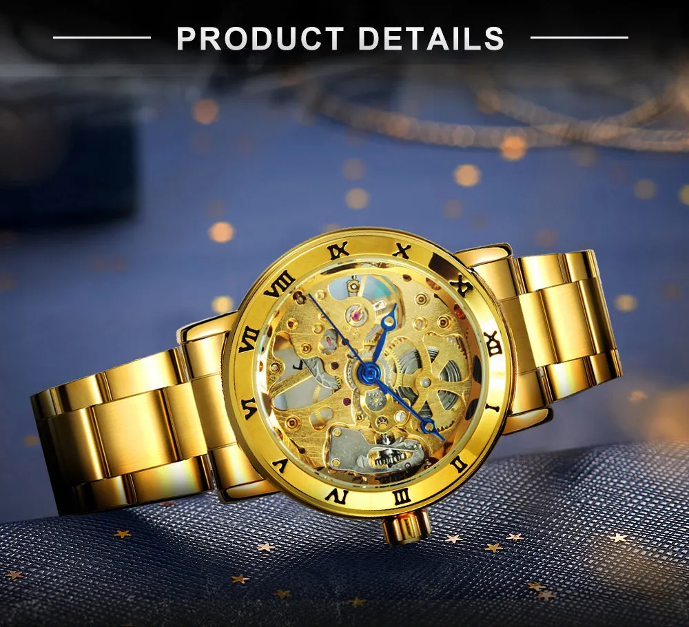 WINNER Official Skeleton Watch Women Top Luxury Brand Automatic Mechanical Watches Golden Steel Strap Elegant Dress Lady Clock