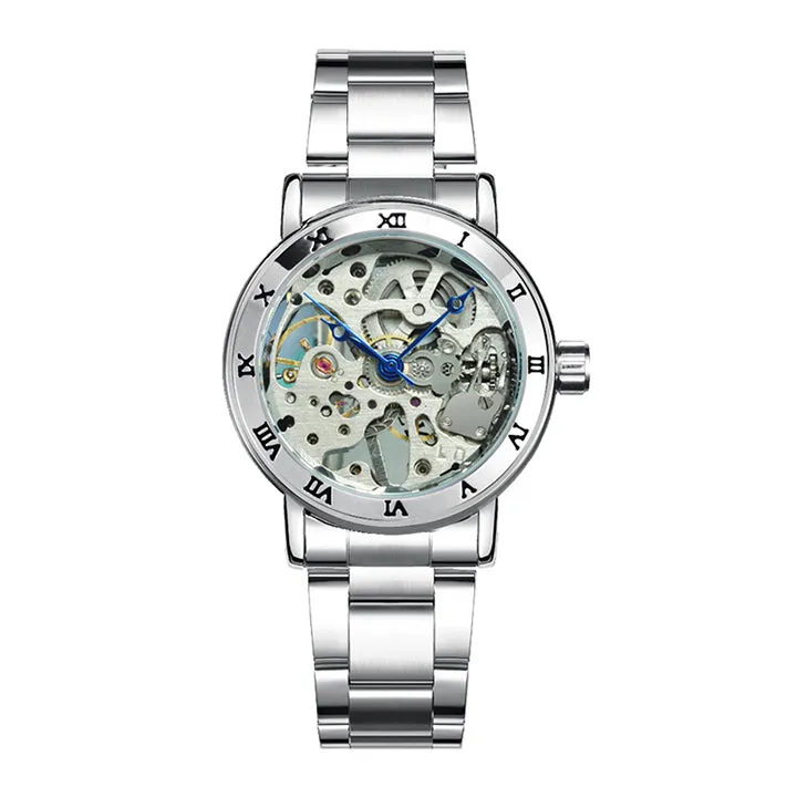 WINNER Official Skeleton Watch Women Top Luxury Brand Automatic Mechanical Watches Golden Steel Strap Elegant Dress Lady Clock