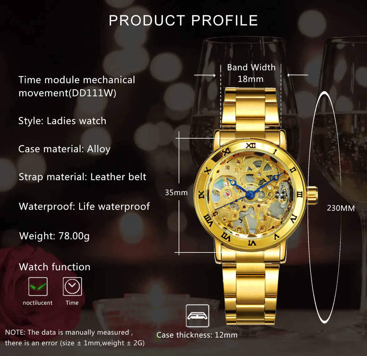 WINNER Official Skeleton Watch Women Top Luxury Brand Automatic Mechanical Watches Golden Steel Strap Elegant Dress Lady Clock