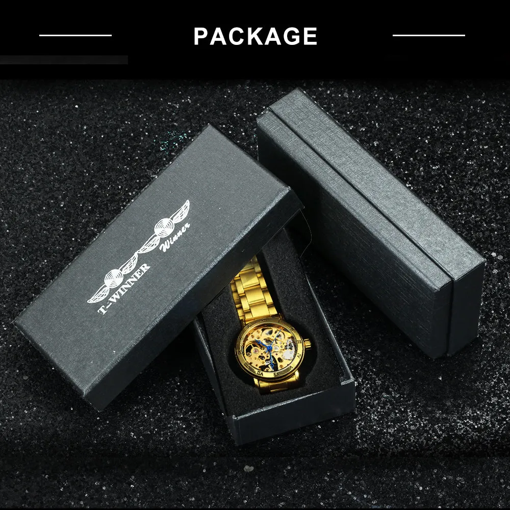 WINNER Official Skeleton Watch Women Top Luxury Brand Automatic Mechanical Watches Golden Steel Strap Elegant Dress Lady Clock