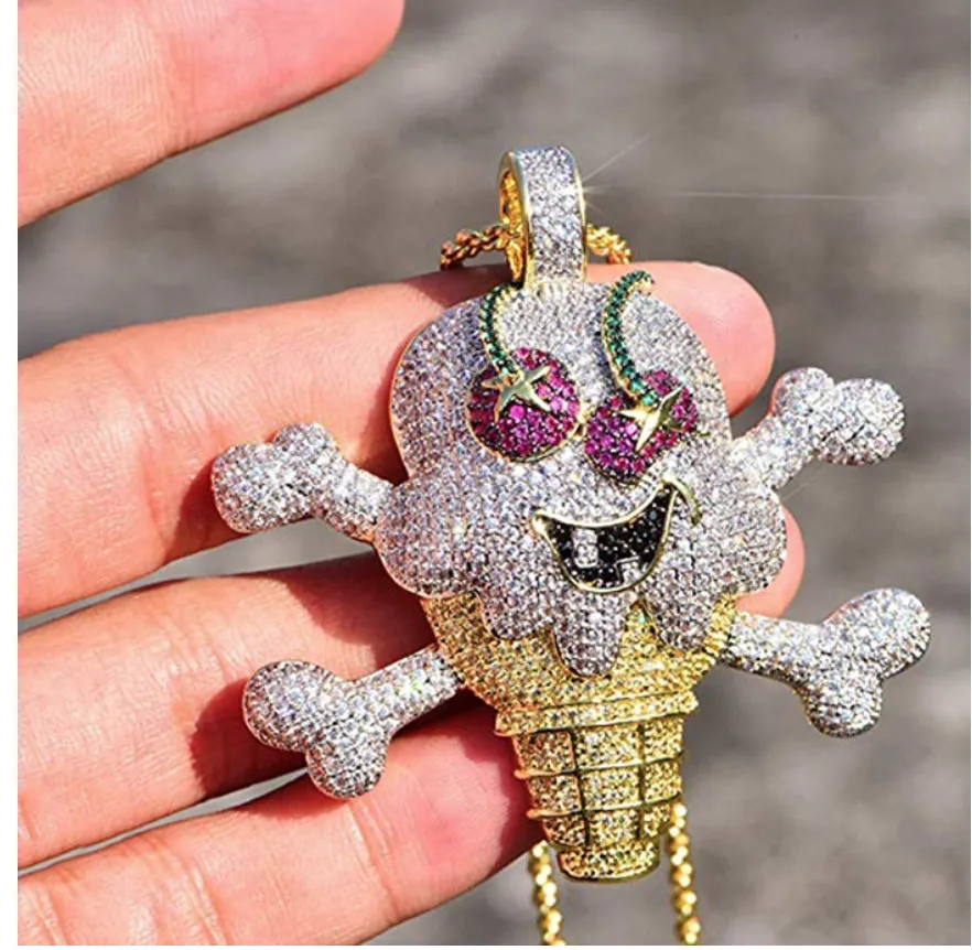 Zirconia Silver Bling Diamond Ice Cream Chain Iced Out Jewelry Emoji Necklace Icecream 24in